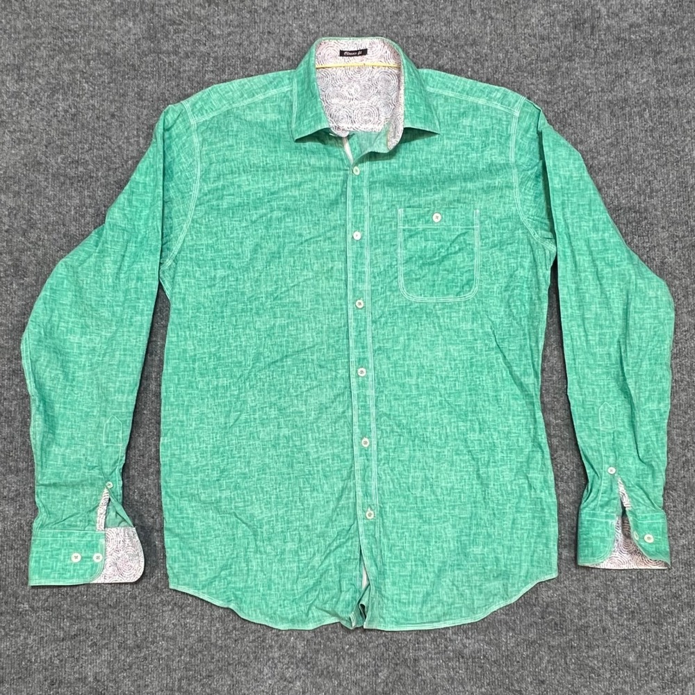 Bugatchi Mens L Green Button Up Shirt Classic Fit 100% Cotton Textured